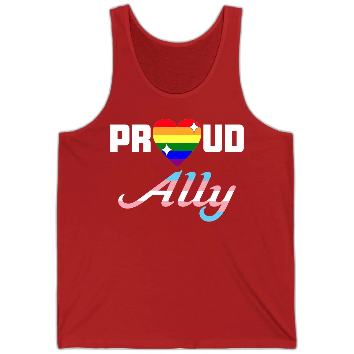 Proud ally pride design with rainbow heart and trans flag script text on gray background in Red