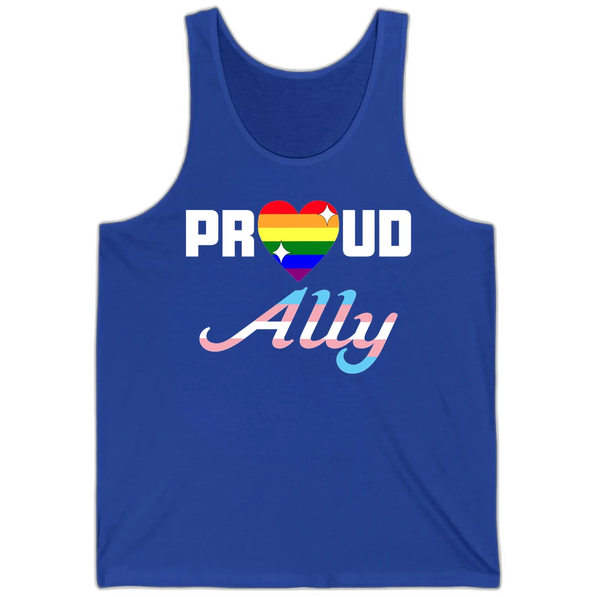 Proud ally pride design with rainbow heart and trans flag script text on gray background in True Royal