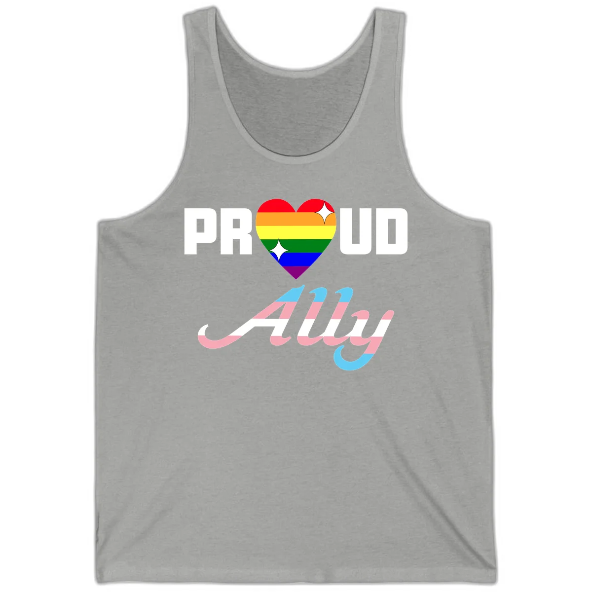 Proud ally pride design with rainbow heart and trans flag script text on gray background in Athletic Heather
