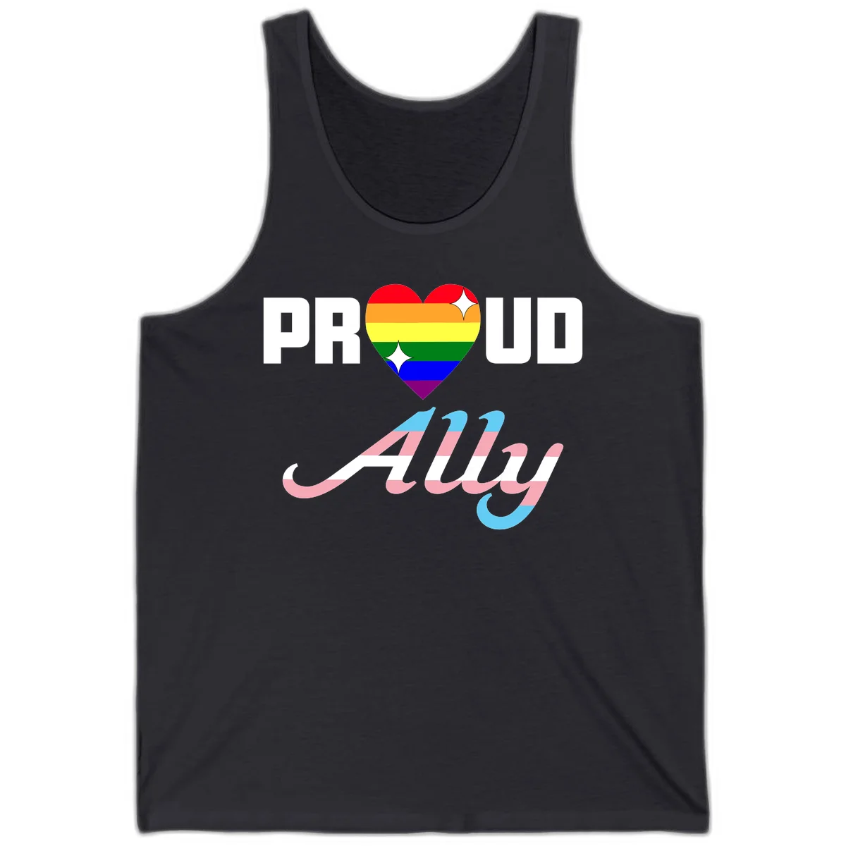 Proud ally pride design with rainbow heart and trans flag script text on gray background in Dark Grey