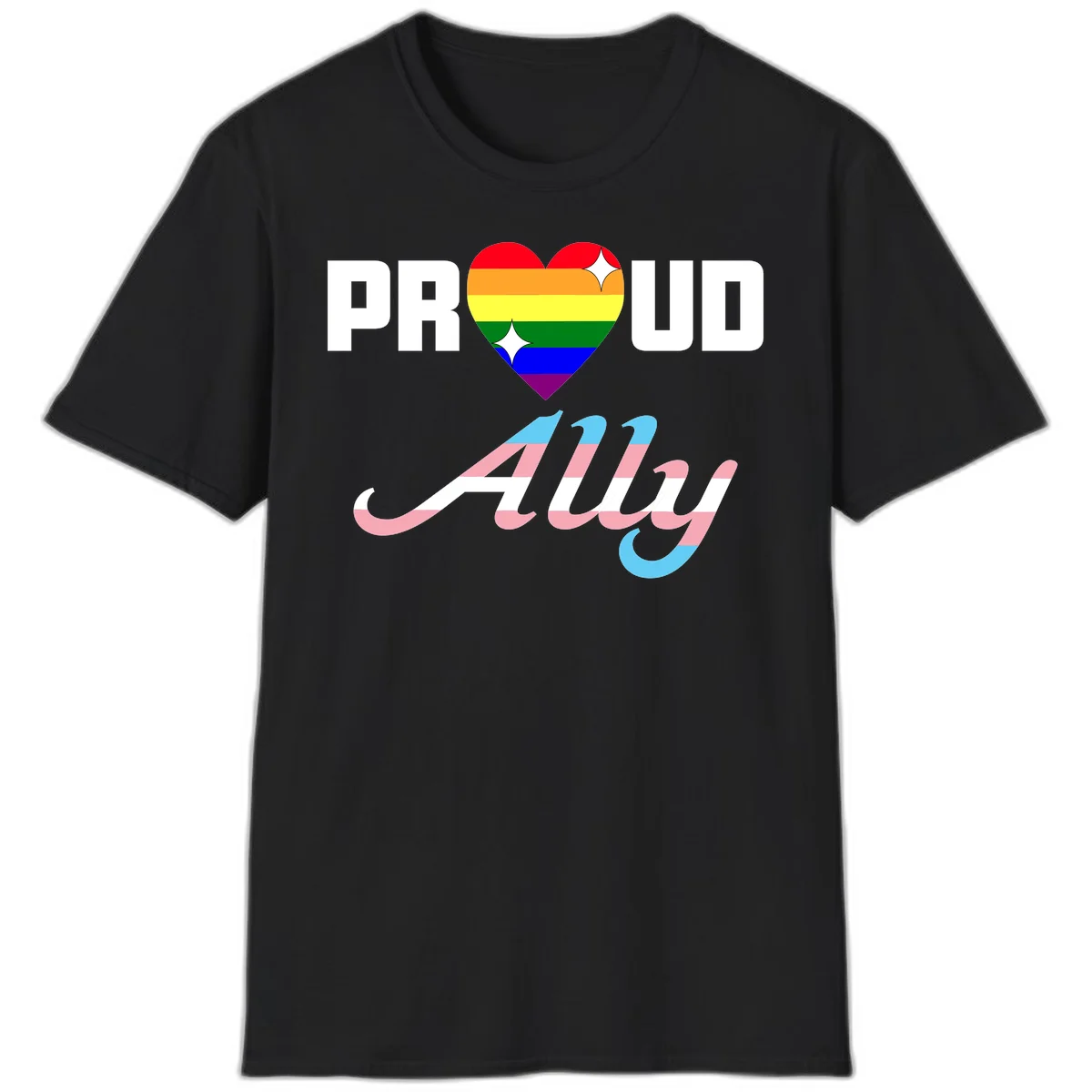 Proud ally pride design with rainbow heart and trans flag script text on gray background in Black