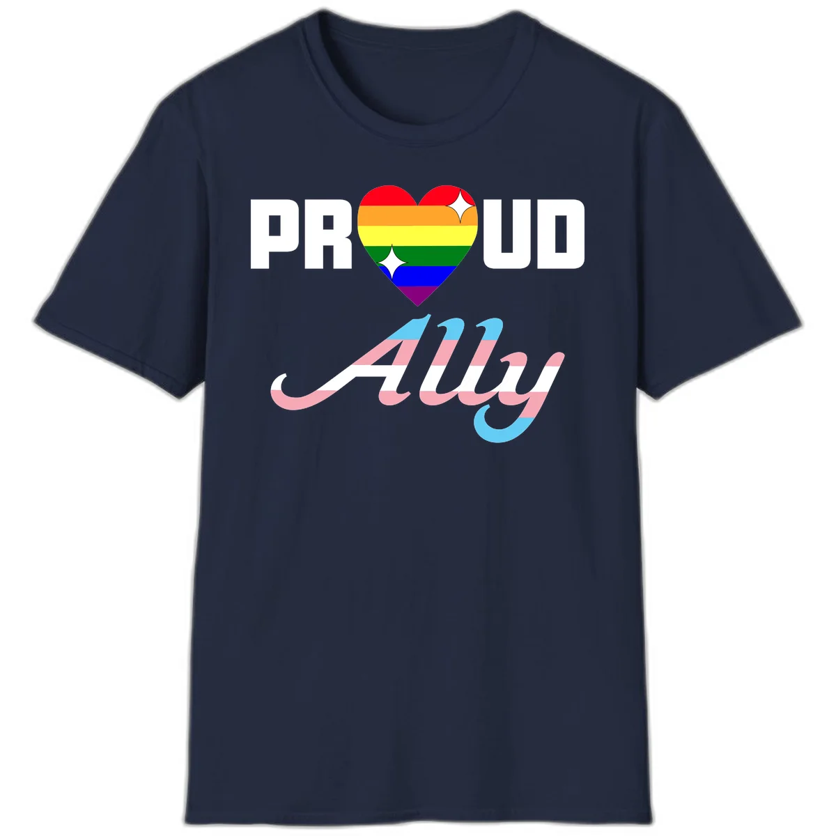 Proud ally pride design with rainbow heart and trans flag script text on gray background in Navy