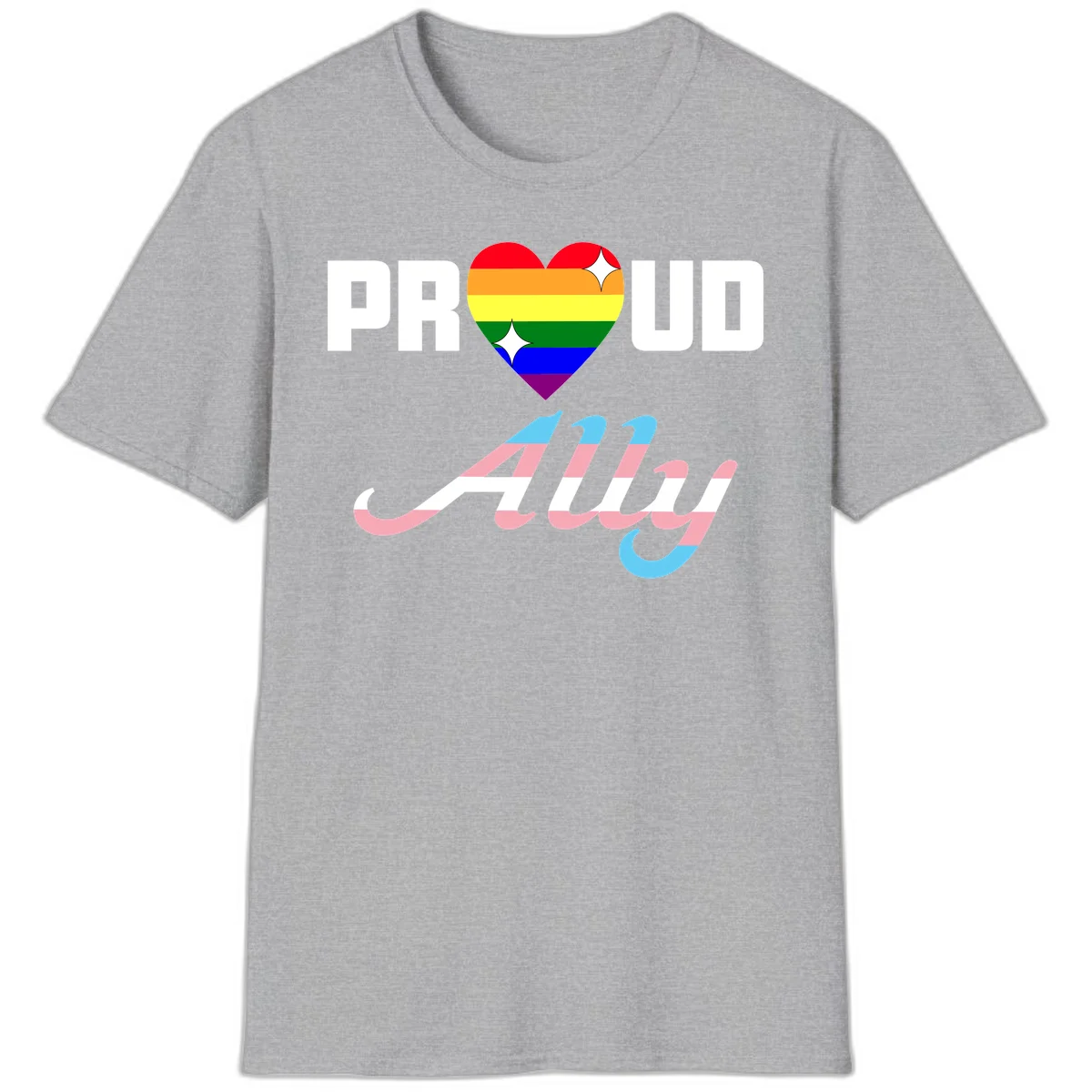 Proud ally pride design with rainbow heart and trans flag script text on gray background in Sport Grey