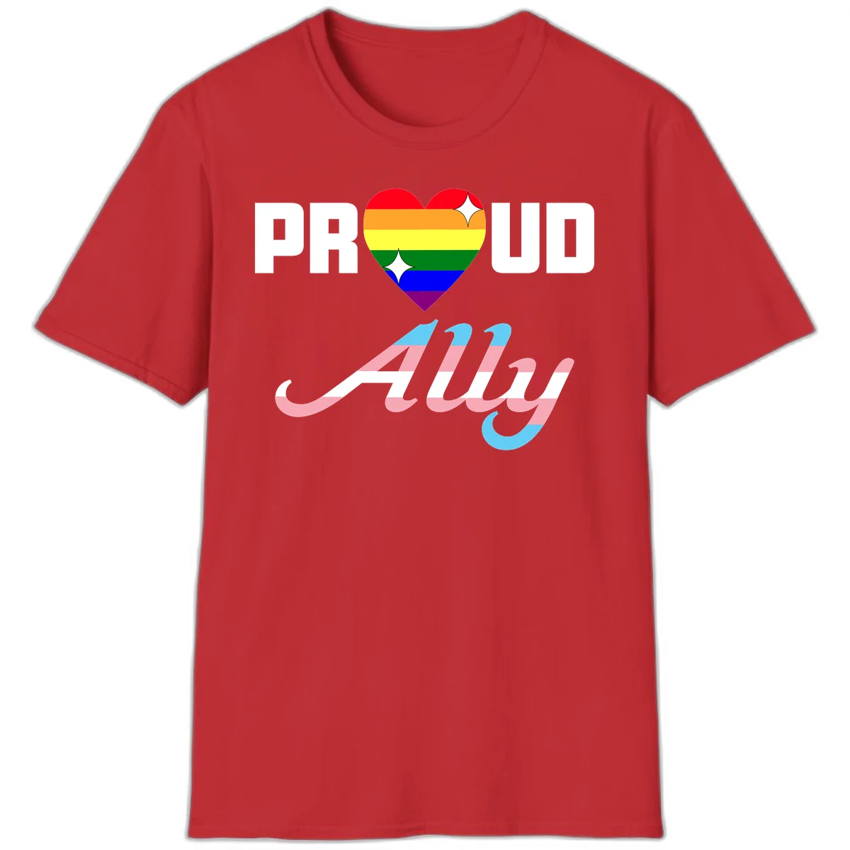 Proud ally pride design with rainbow heart and trans flag script text on gray background in Red