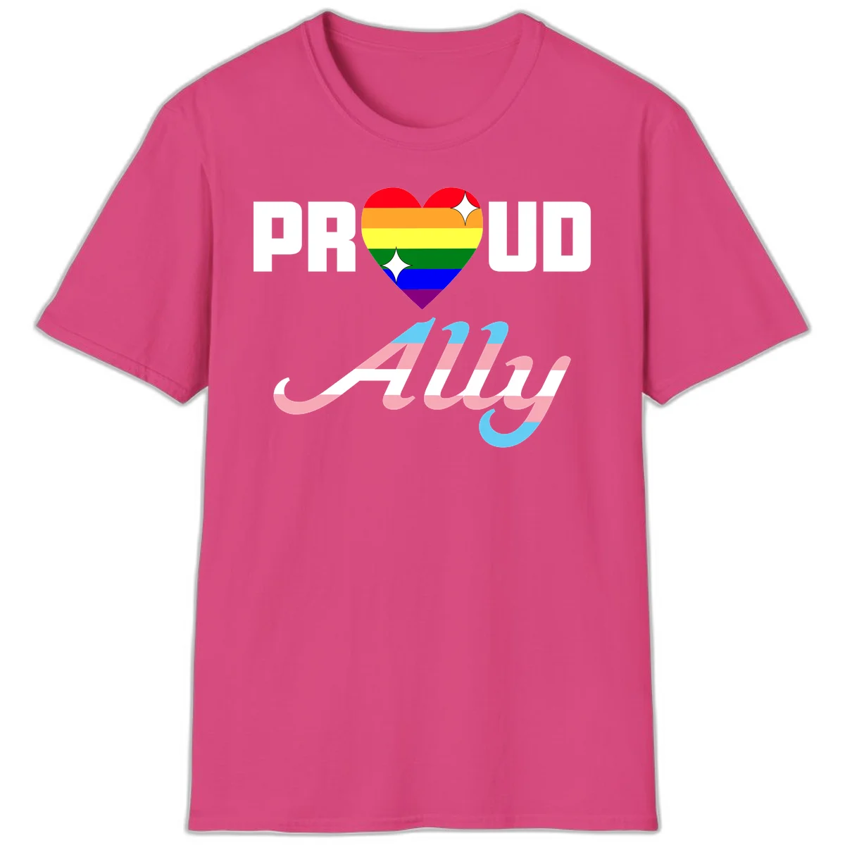 Proud ally pride design with rainbow heart and trans flag script text on gray background in Heliconia