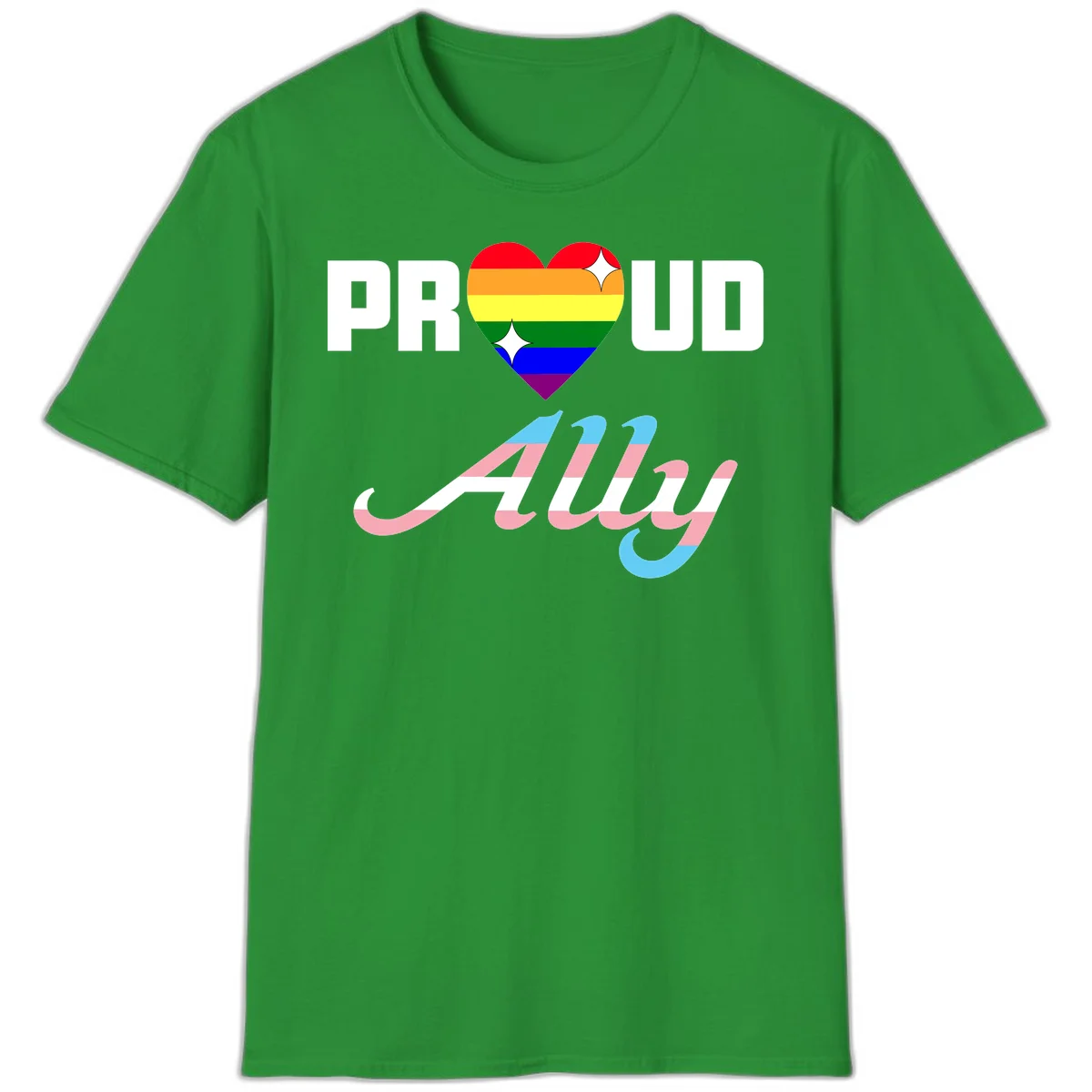 Proud ally pride design with rainbow heart and trans flag script text on gray background in Irish Green