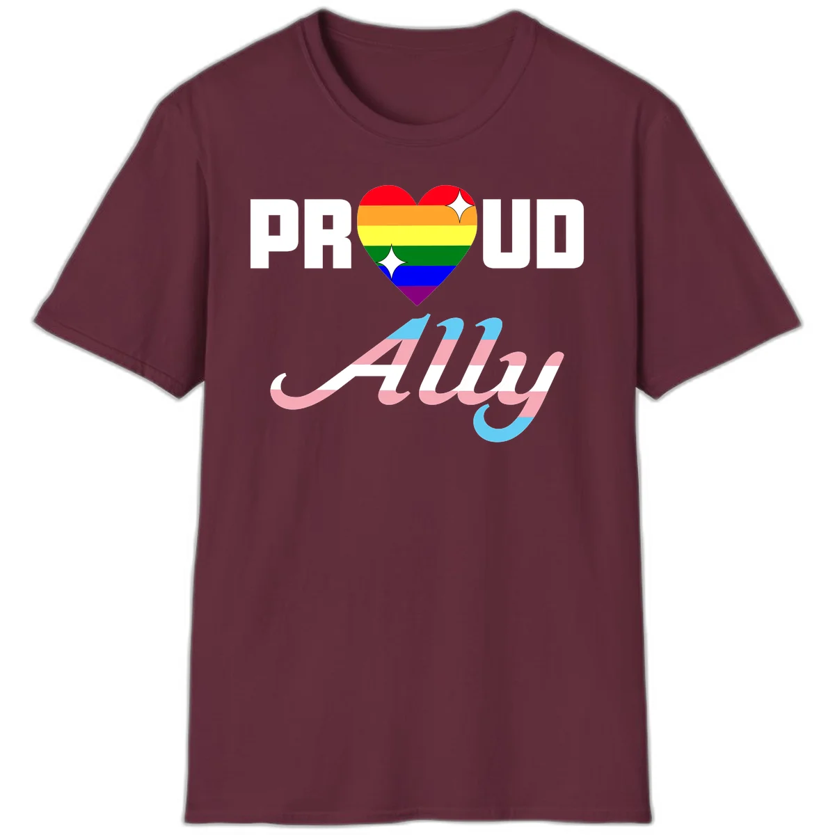 Proud ally pride design with rainbow heart and trans flag script text on gray background in Maroon