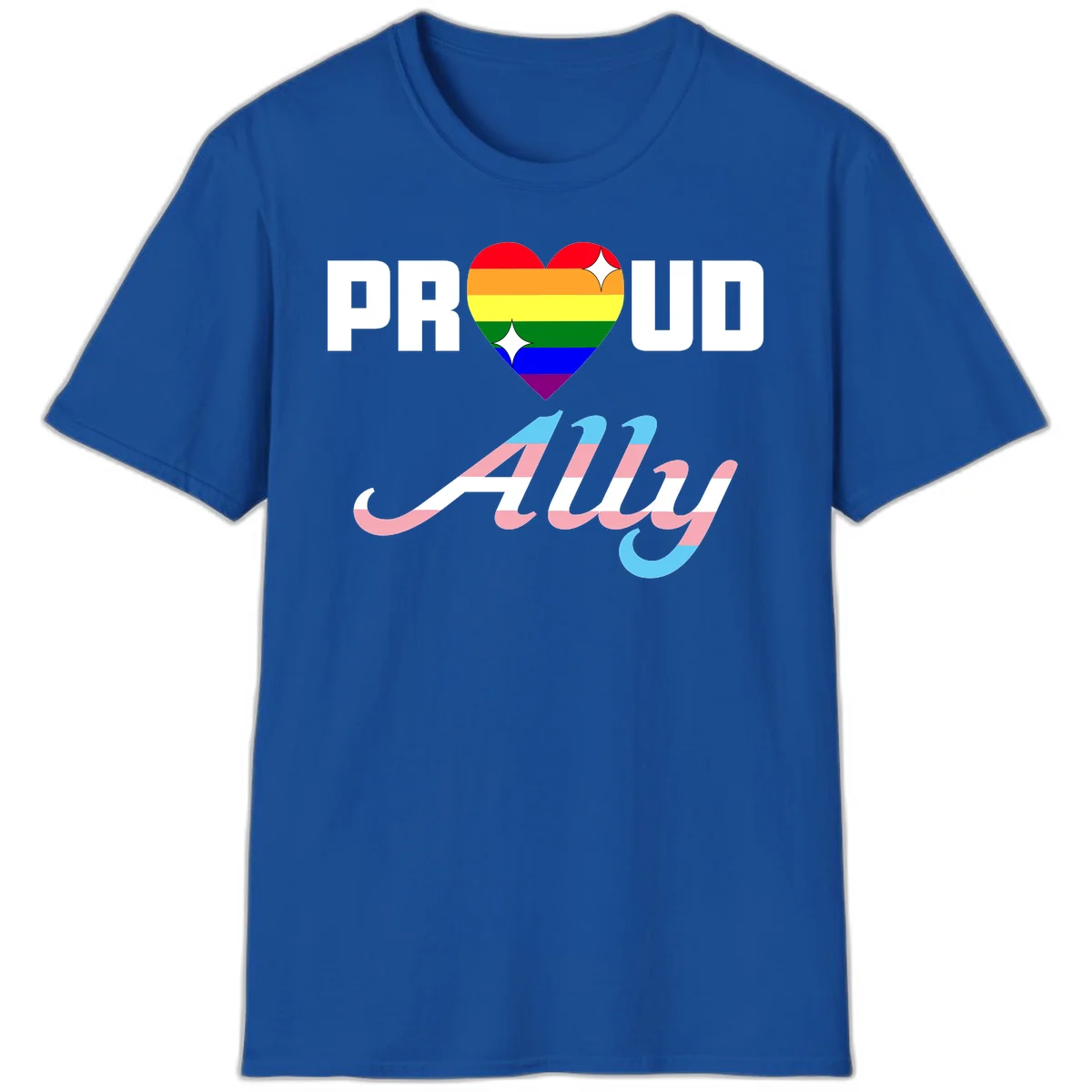 Proud ally pride design with rainbow heart and trans flag script text on gray background in Royal