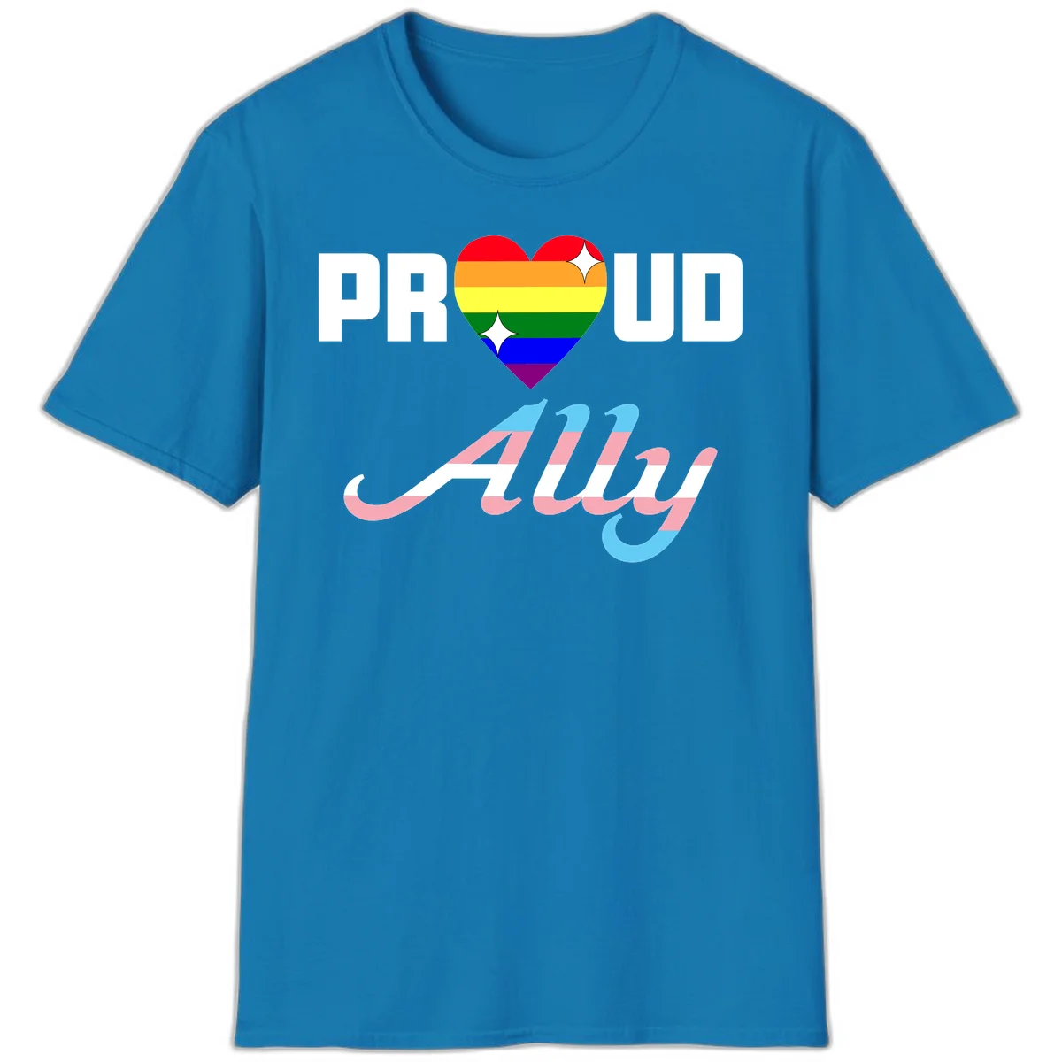 Proud ally pride design with rainbow heart and trans flag script text on gray background in Sapphire