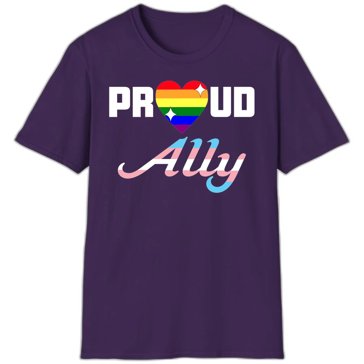 Proud ally pride design with rainbow heart and trans flag script text on gray background in Purple