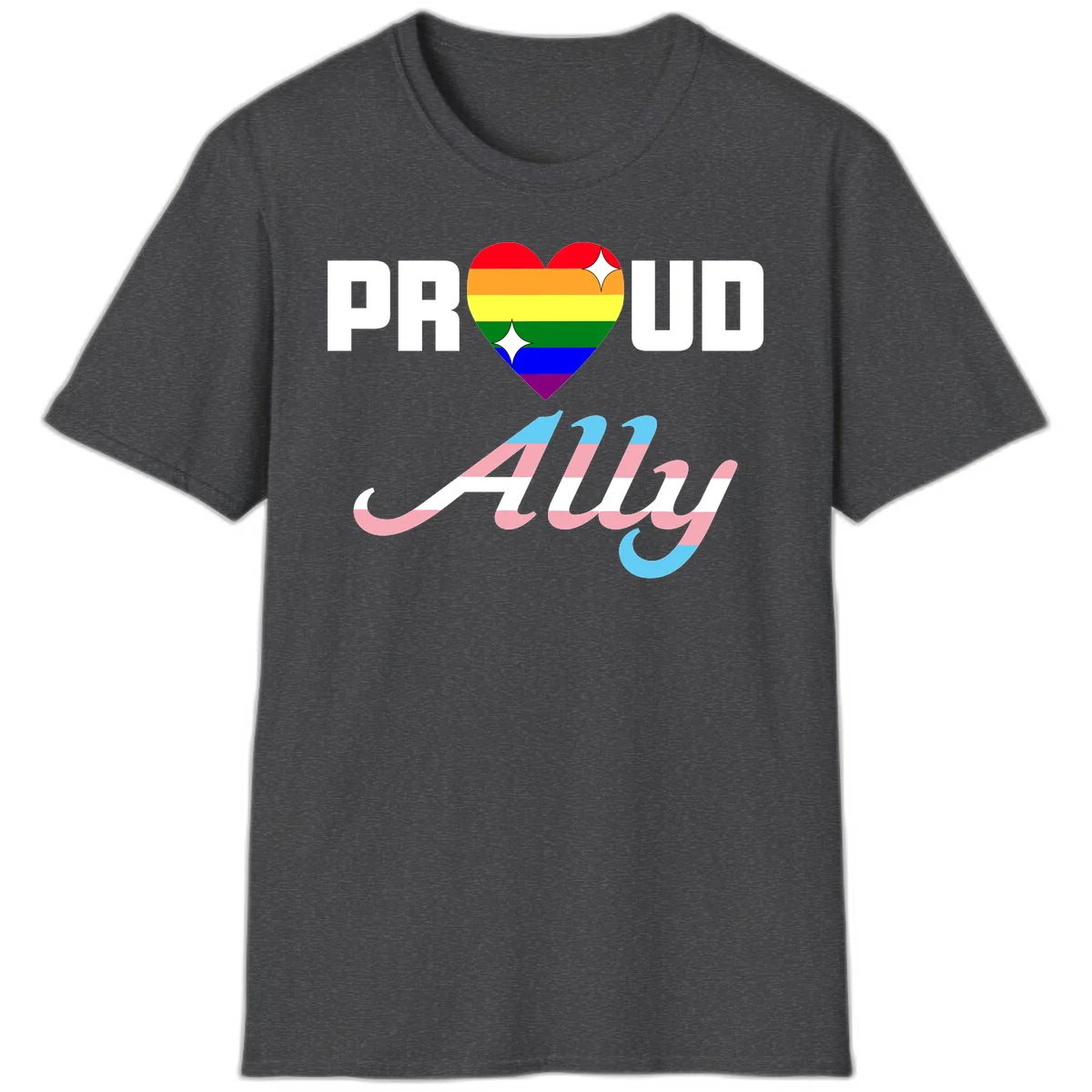 Proud ally pride design with rainbow heart and trans flag script text on gray background in Dark Heather