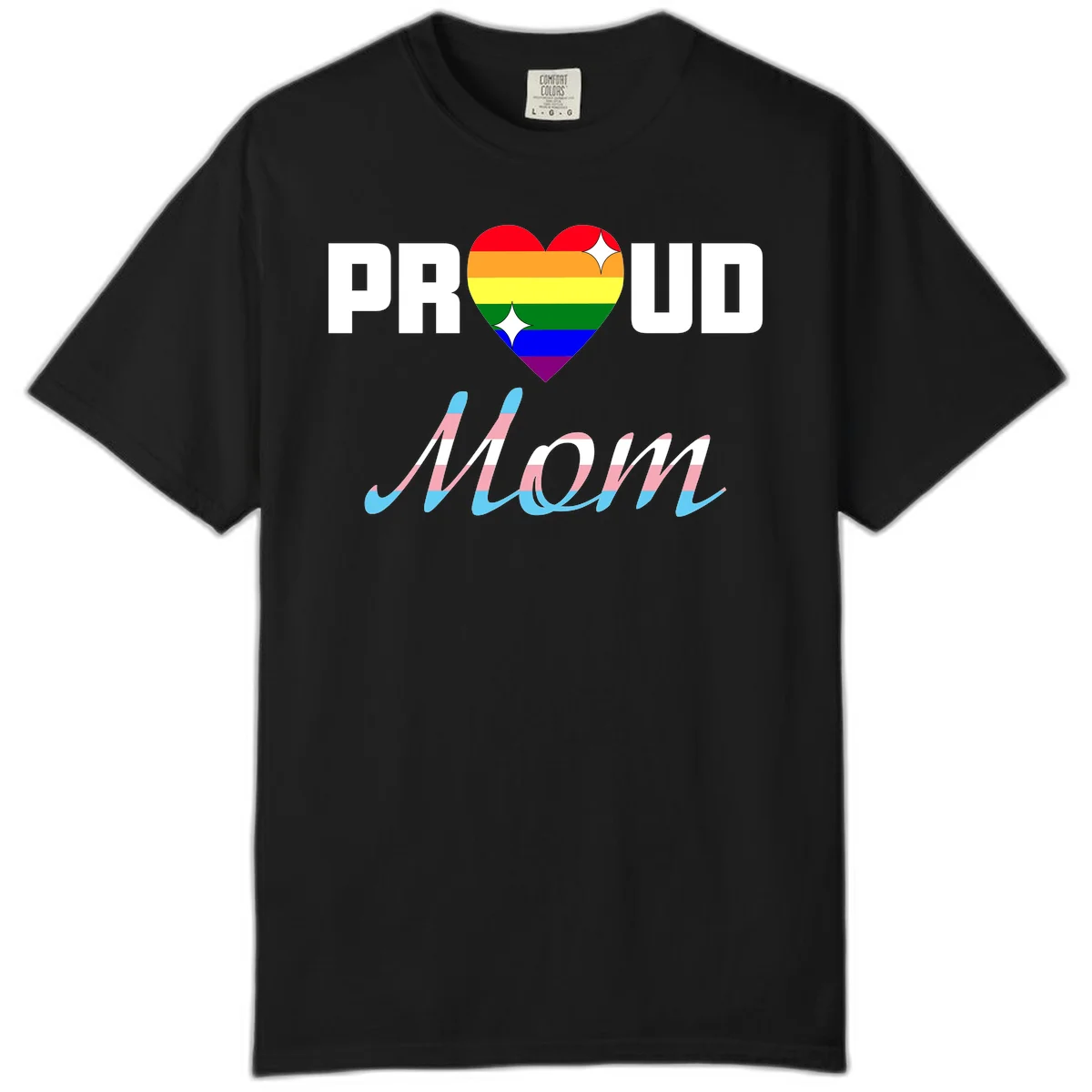Proud all in pride design with rainbow heart and trans flag striped script text on gray background in Black