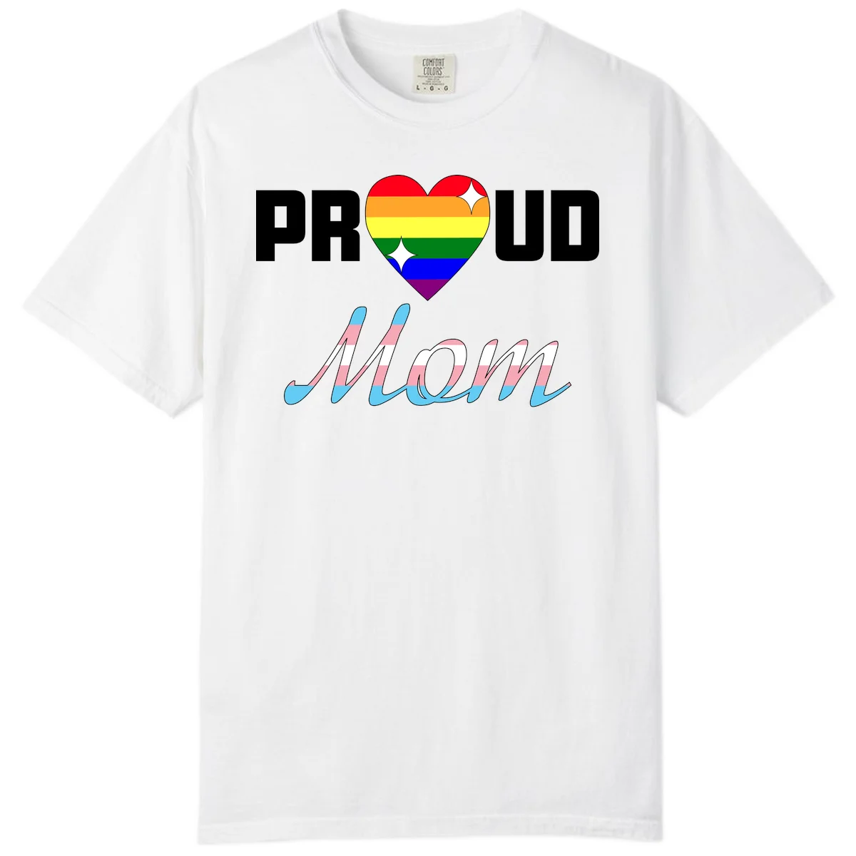 Proud all in pride design with rainbow heart and trans flag striped script text on gray background in White