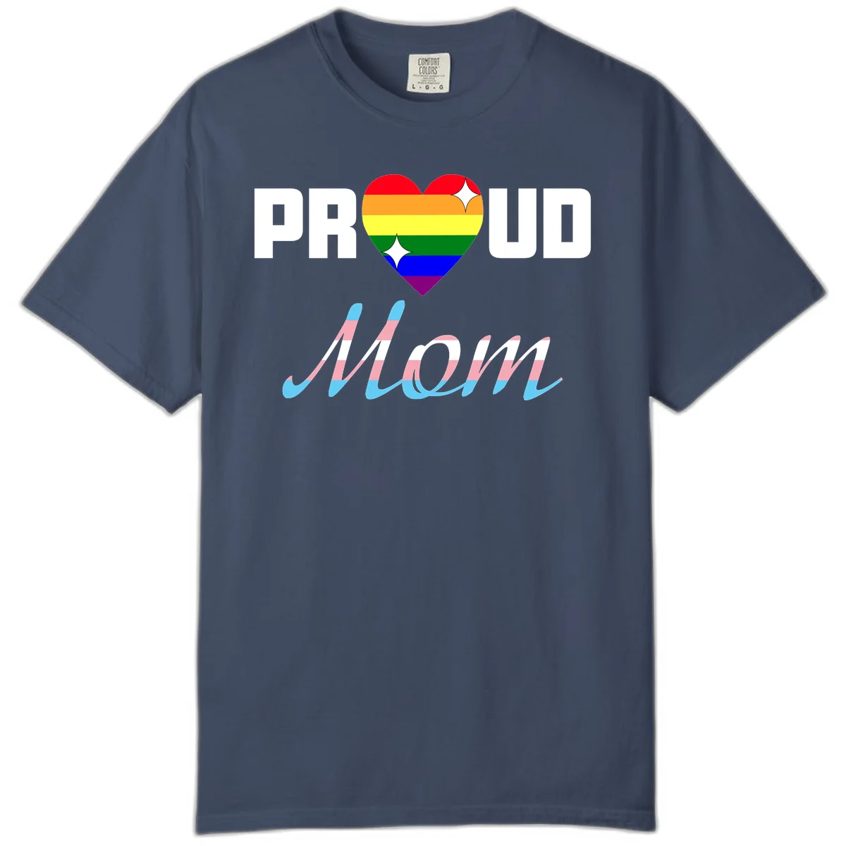 Proud all in pride design with rainbow heart and trans flag striped script text on gray background in Midnight