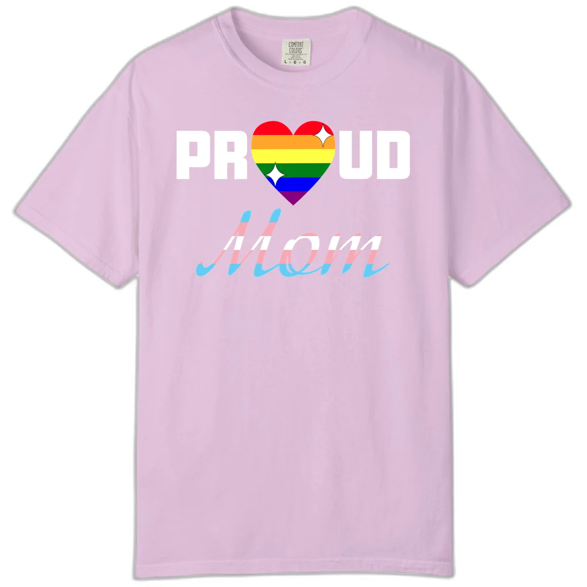 Proud all in pride design with rainbow heart and trans flag striped script text on gray background in Orchid