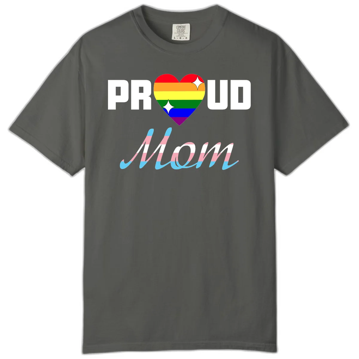 Proud all in pride design with rainbow heart and trans flag striped script text on gray background in Pepper