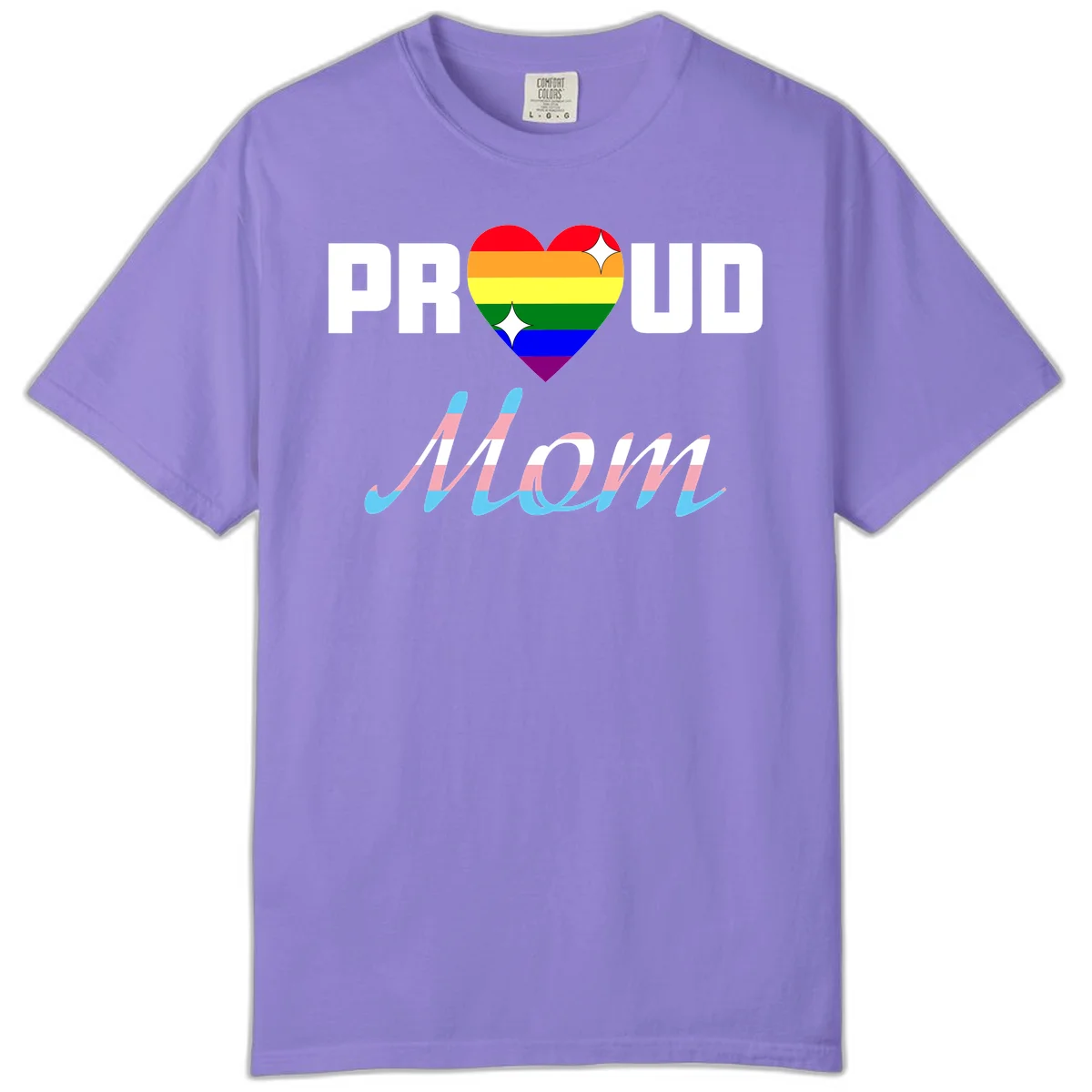 Proud all in pride design with rainbow heart and trans flag striped script text on gray background in Violet