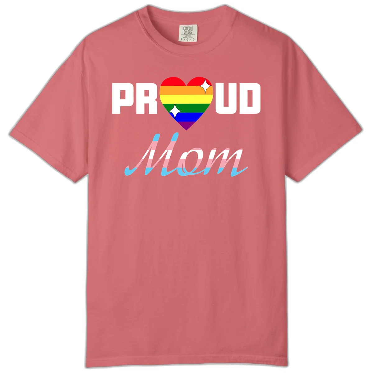 Proud all in pride design with rainbow heart and trans flag striped script text on gray background in Watermelon