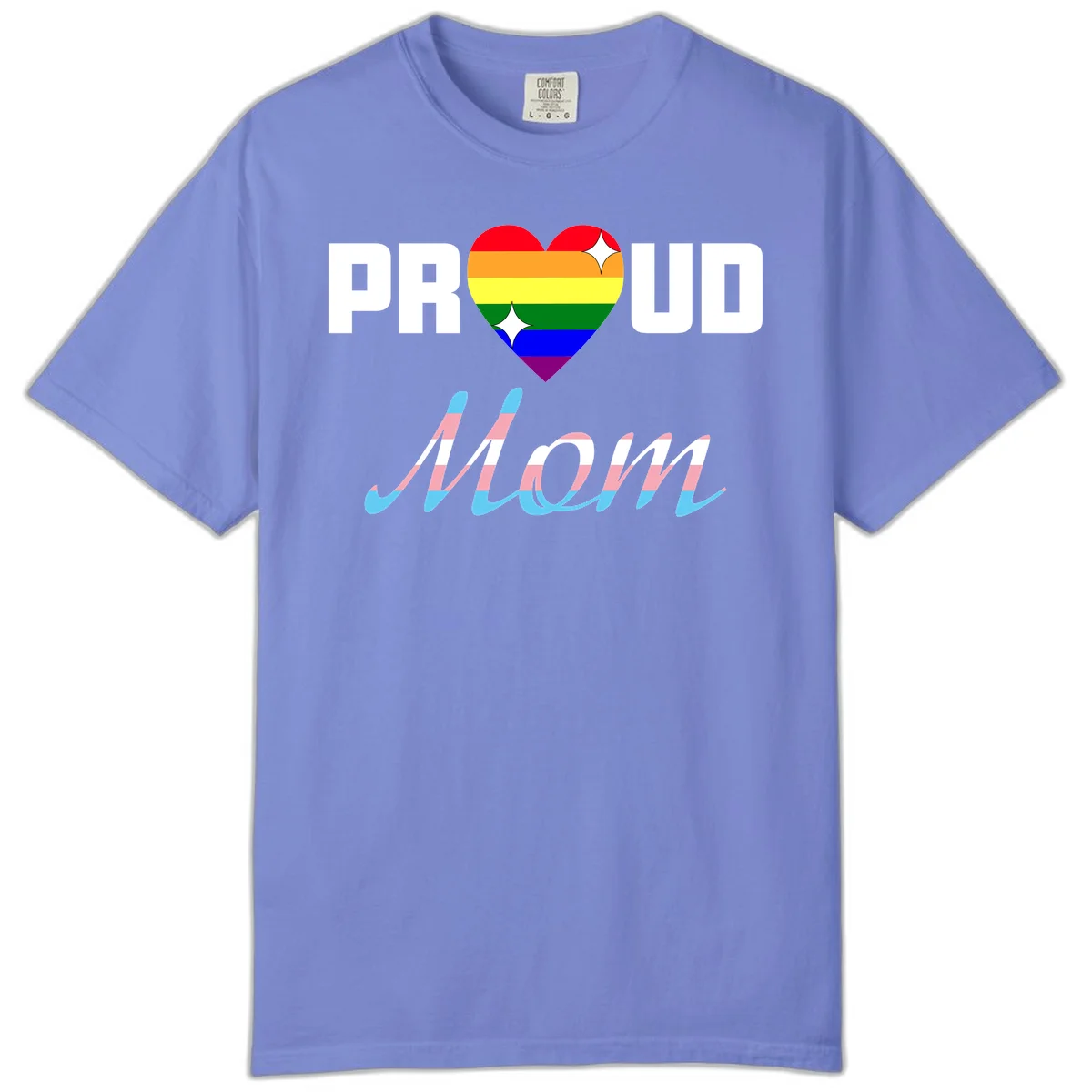 Proud all in pride design with rainbow heart and trans flag striped script text on gray background in Flo Blue
