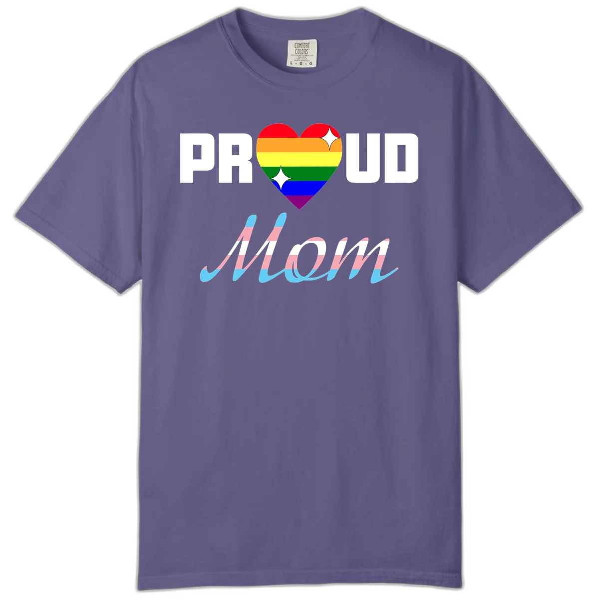 Proud all in pride design with rainbow heart and trans flag striped script text on gray background in Grape