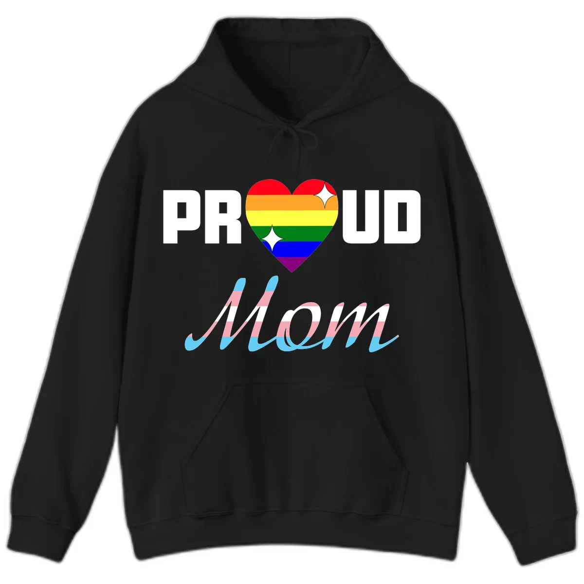 Proud all in pride design with rainbow heart and trans flag striped script text on gray background in Black