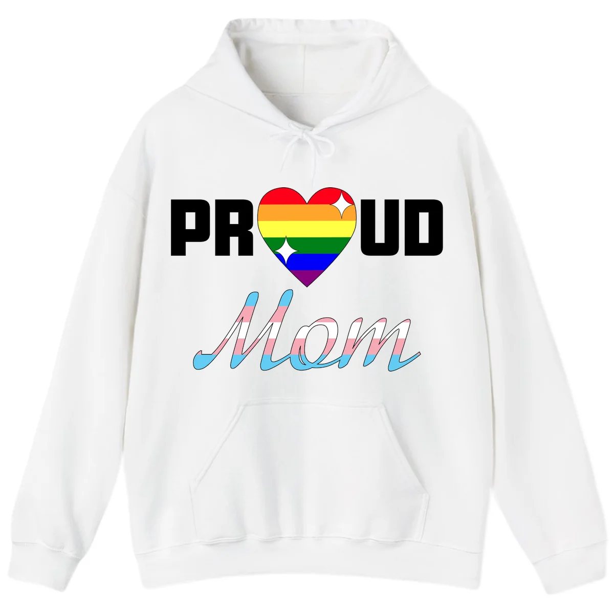 Proud all in pride design with rainbow heart and trans flag striped script text on gray background in White