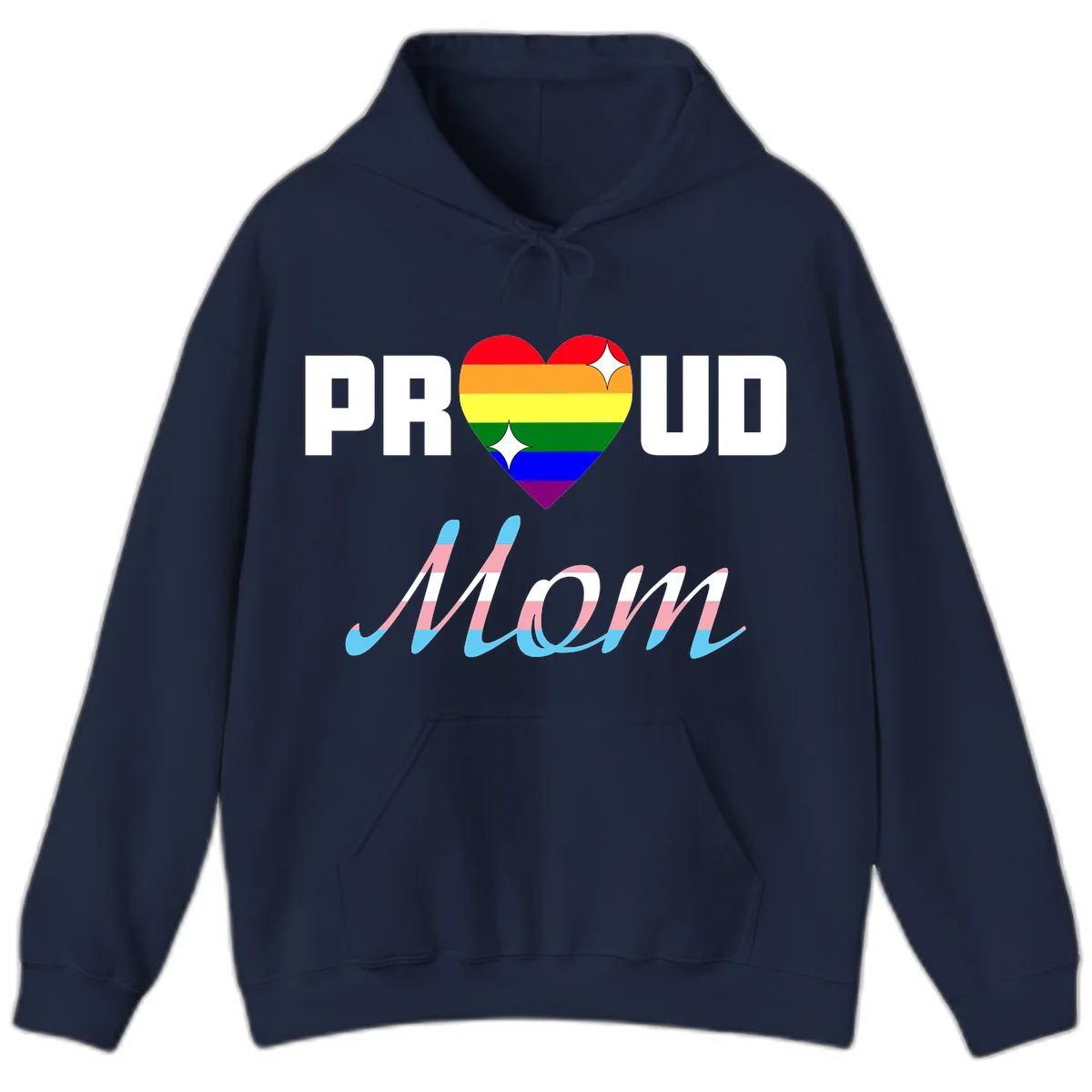 Proud all in pride design with rainbow heart and trans flag striped script text on gray background in Navy