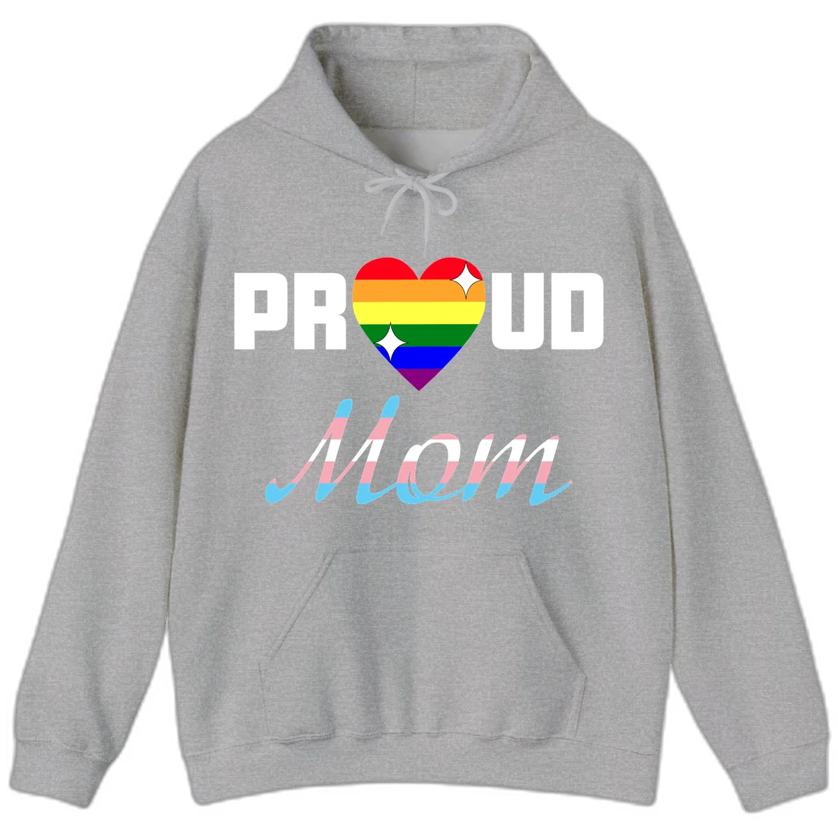Proud all in pride design with rainbow heart and trans flag striped script text on gray background in Sport Grey