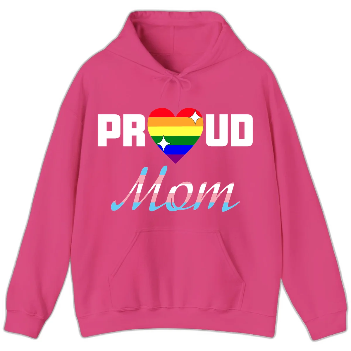 Proud all in pride design with rainbow heart and trans flag striped script text on gray background in Heliconia