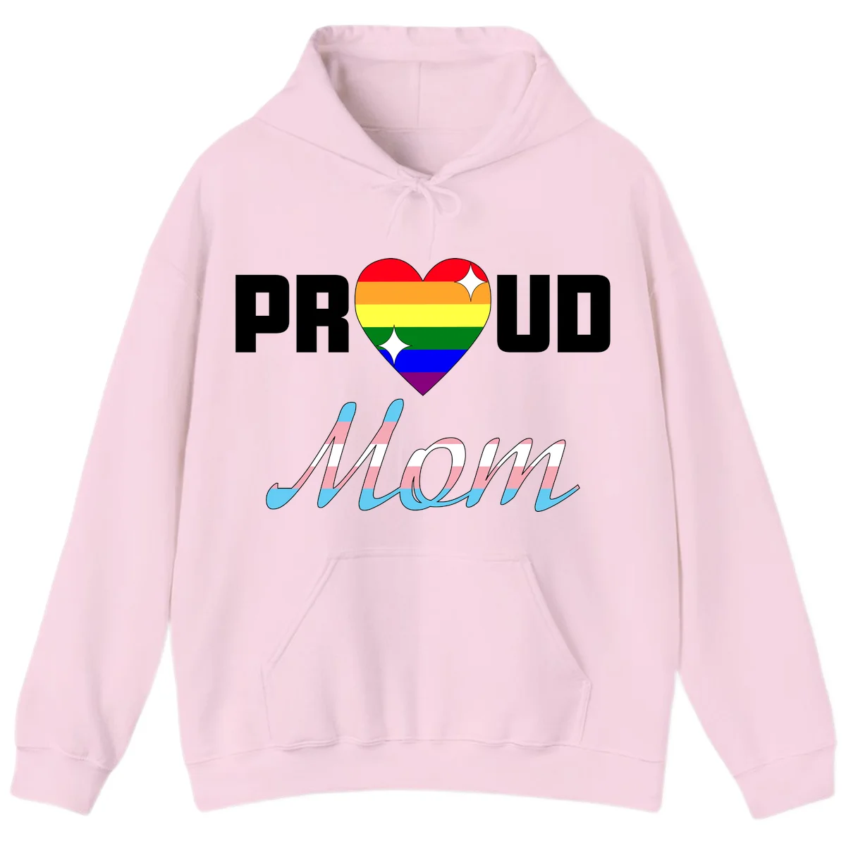 Proud all in pride design with rainbow heart and trans flag striped script text on gray background in Light Pink