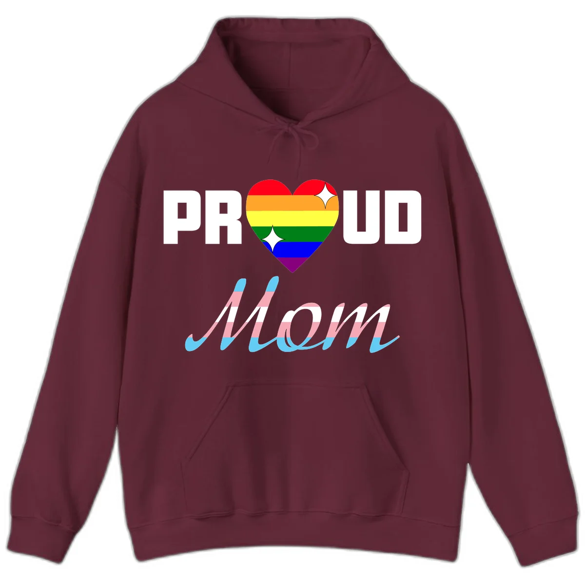 Proud all in pride design with rainbow heart and trans flag striped script text on gray background in Maroon