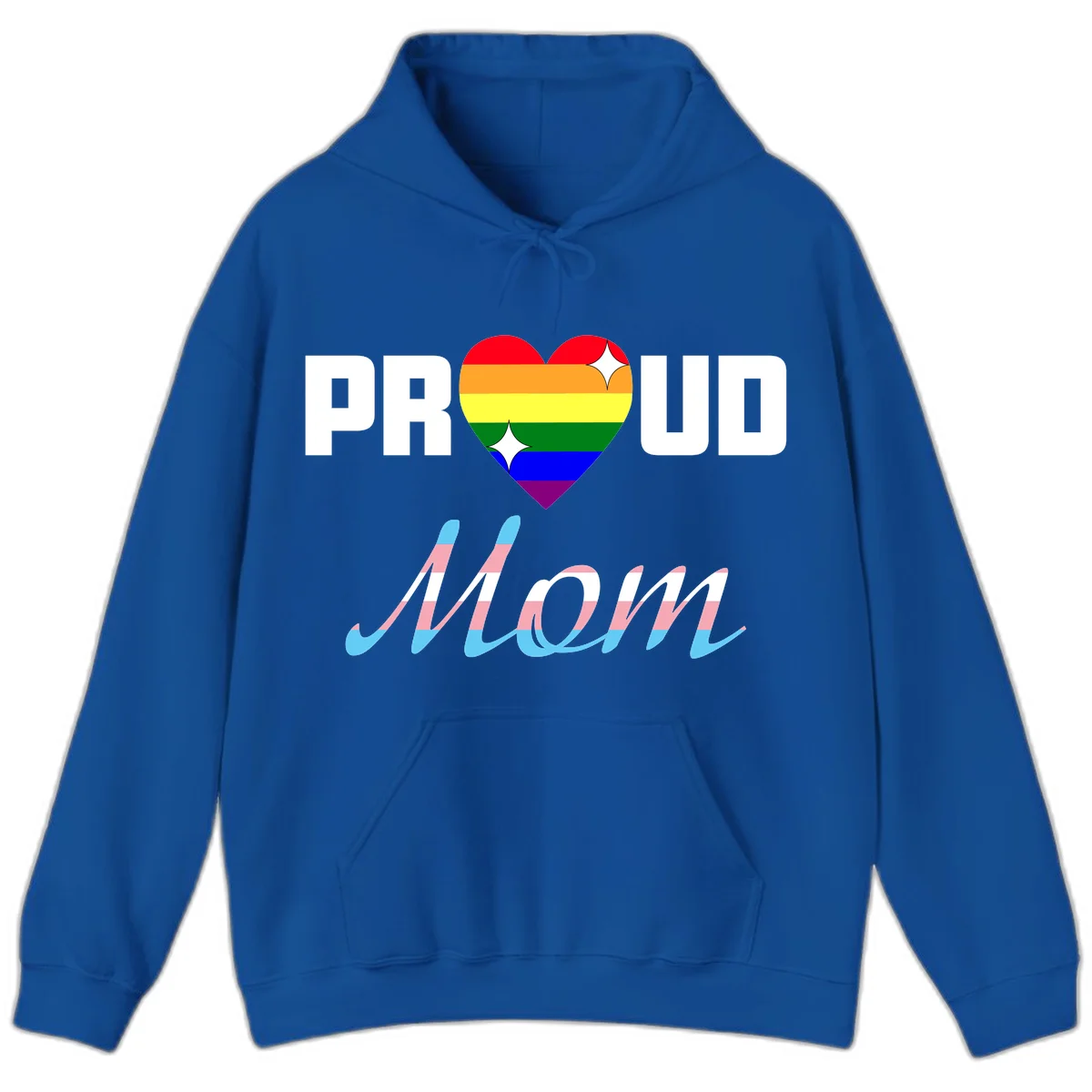 Proud all in pride design with rainbow heart and trans flag striped script text on gray background in Royal
