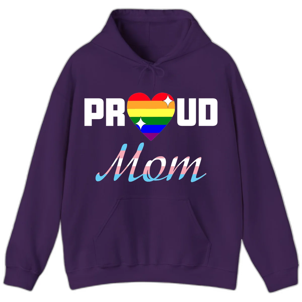 Proud all in pride design with rainbow heart and trans flag striped script text on gray background in Purple