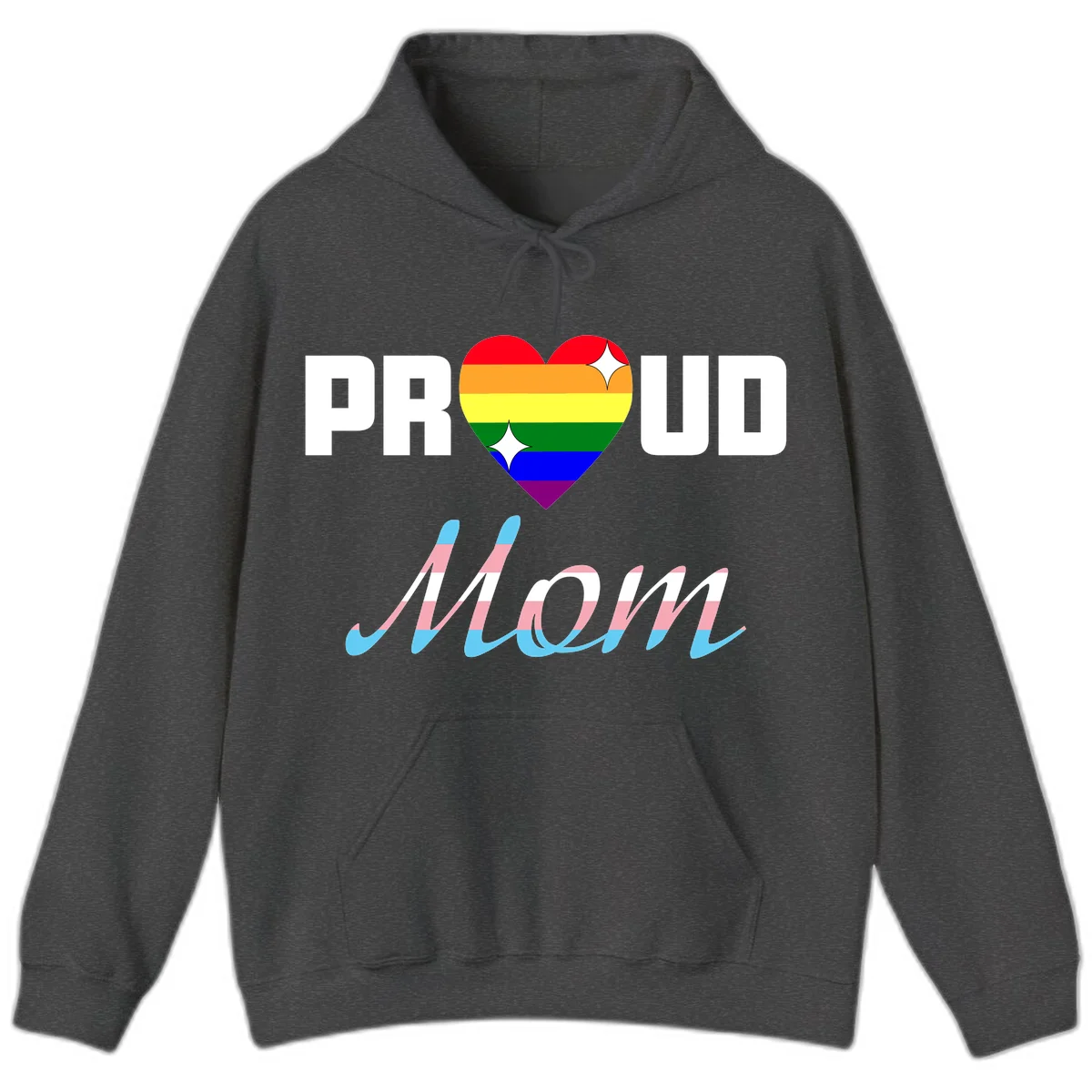 Proud all in pride design with rainbow heart and trans flag striped script text on gray background in Dark Heather