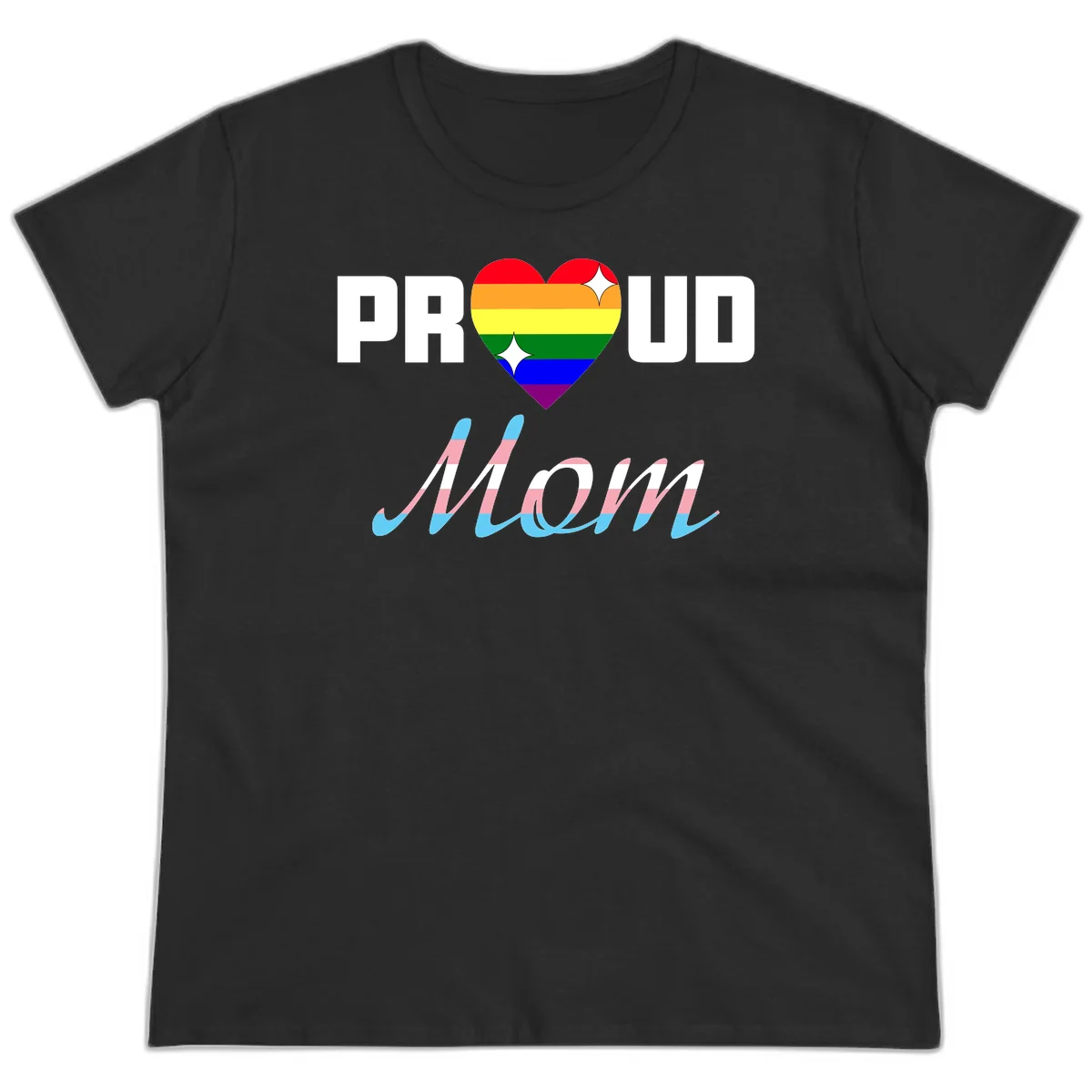 Proud all in pride design with rainbow heart and trans flag striped script text on gray background in Black