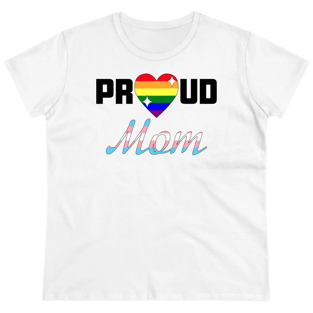 Proud all in pride design with rainbow heart and trans flag striped script text on gray background in White