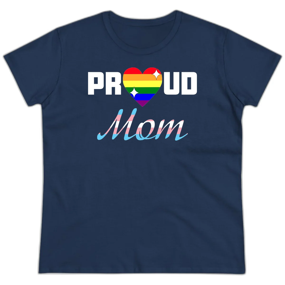 Proud all in pride design with rainbow heart and trans flag striped script text on gray background in Navy