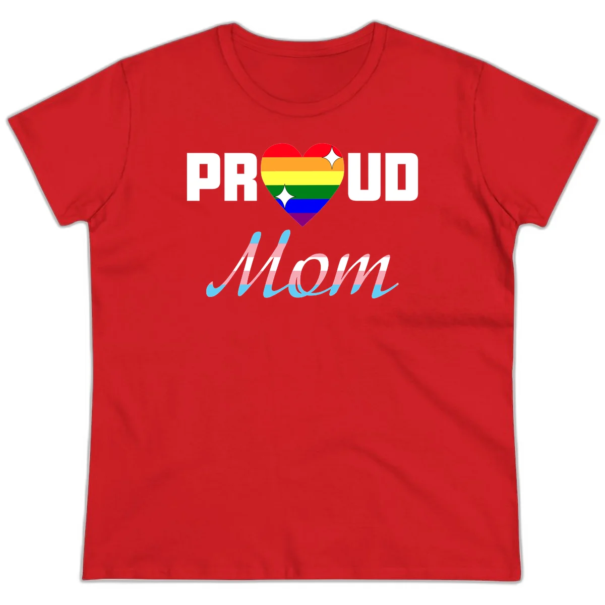Proud all in pride design with rainbow heart and trans flag striped script text on gray background in Red