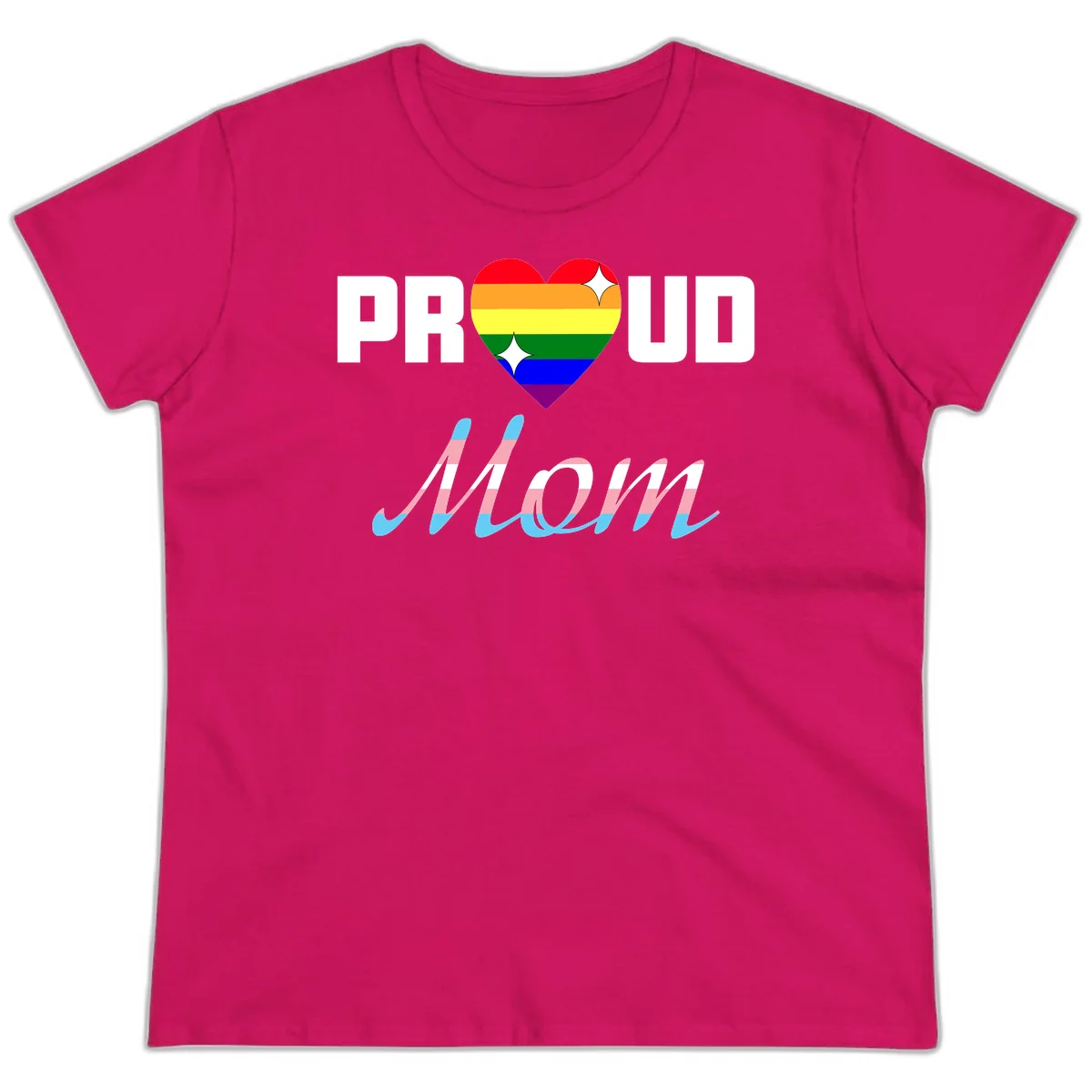 Proud all in pride design with rainbow heart and trans flag striped script text on gray background in Heliconia