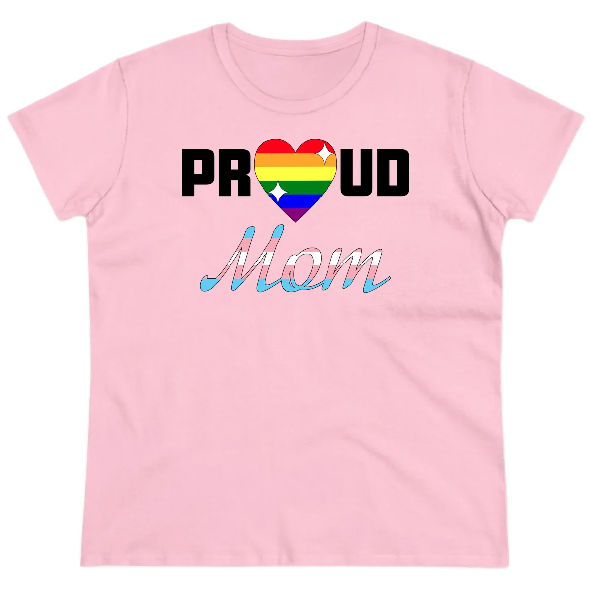 Proud all in pride design with rainbow heart and trans flag striped script text on gray background in Light Pink
