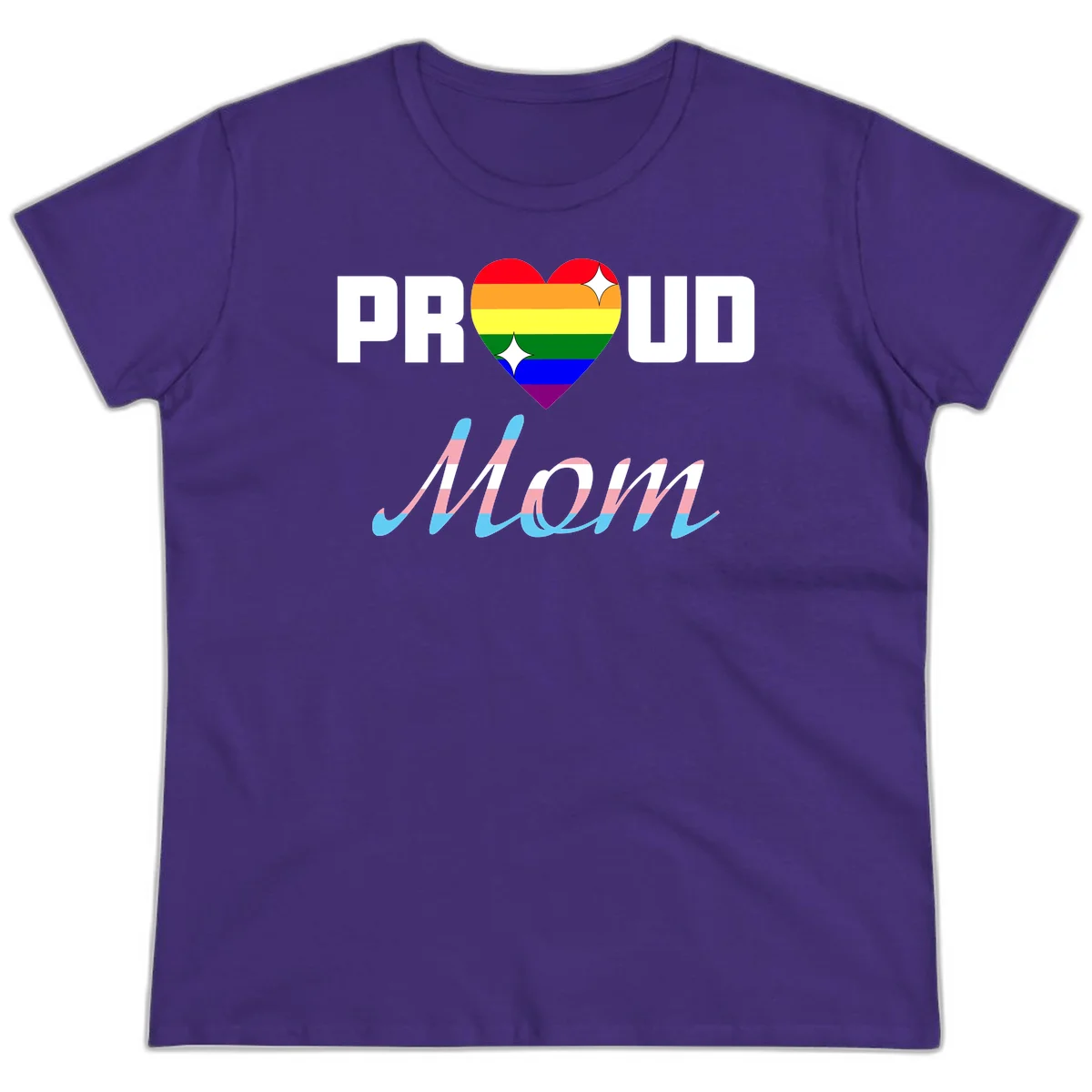 Proud all in pride design with rainbow heart and trans flag striped script text on gray background in Purple