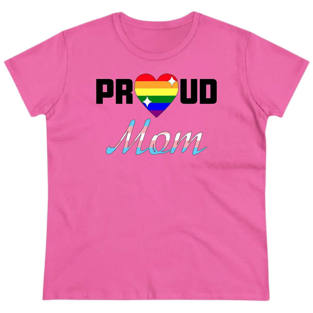 Proud all in pride design with rainbow heart and trans flag striped script text on gray background in Azalea