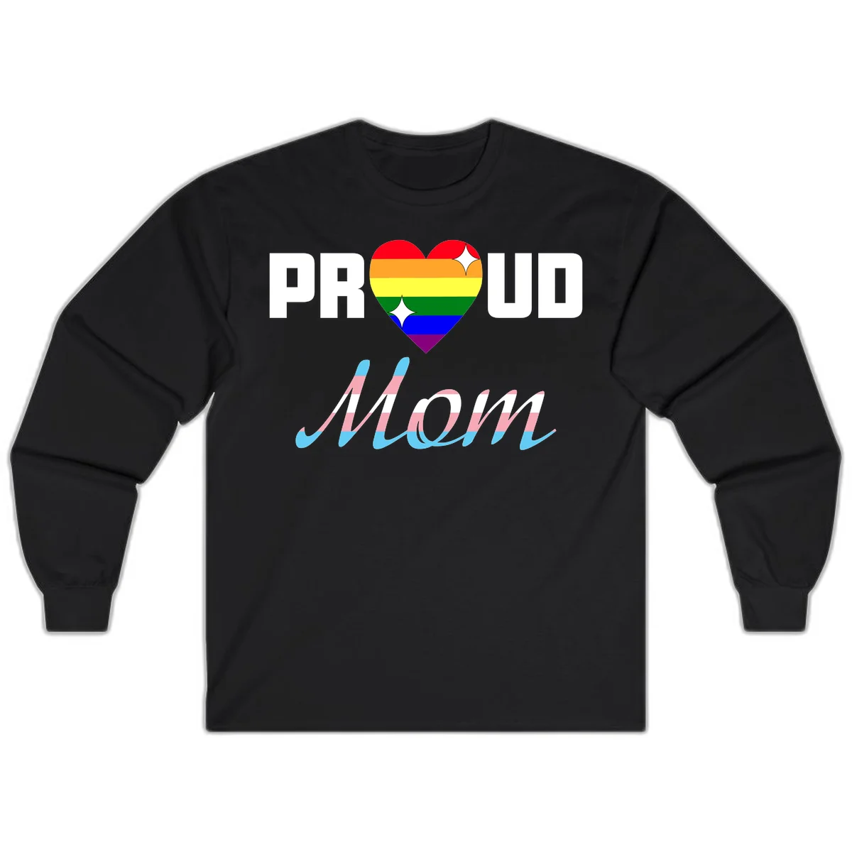 Proud all in pride design with rainbow heart and trans flag striped script text on gray background in Black