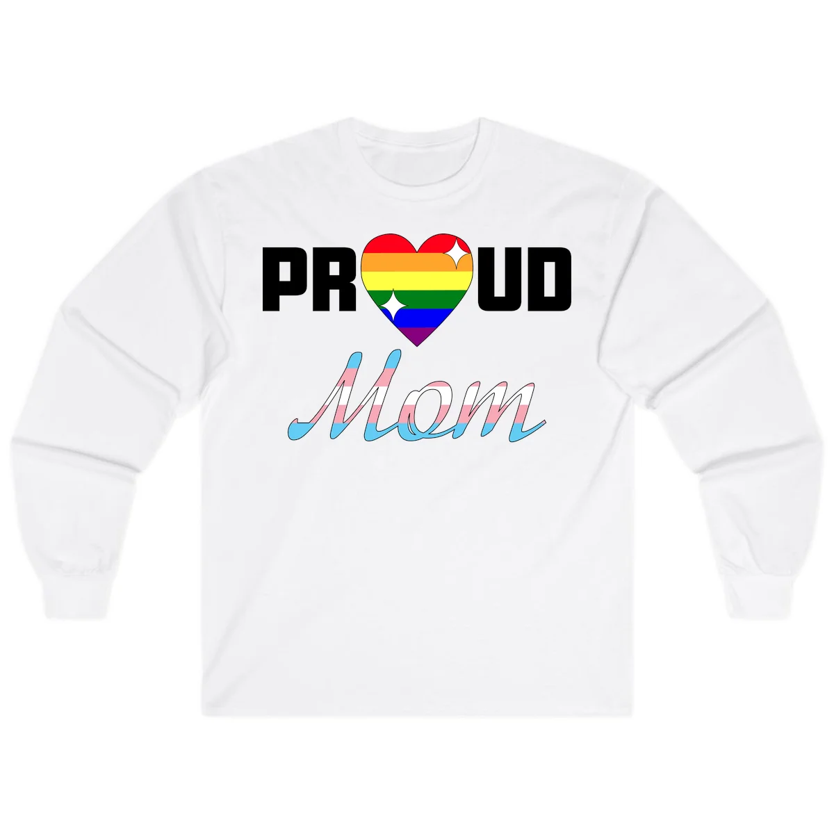 Proud all in pride design with rainbow heart and trans flag striped script text on gray background in White