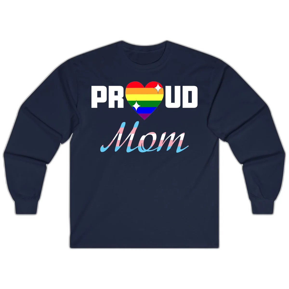 Proud all in pride design with rainbow heart and trans flag striped script text on gray background in Navy