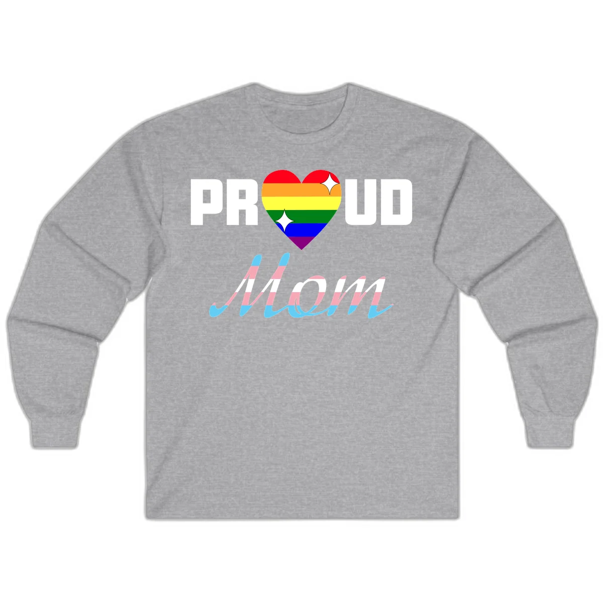 Proud all in pride design with rainbow heart and trans flag striped script text on gray background in Sport Grey