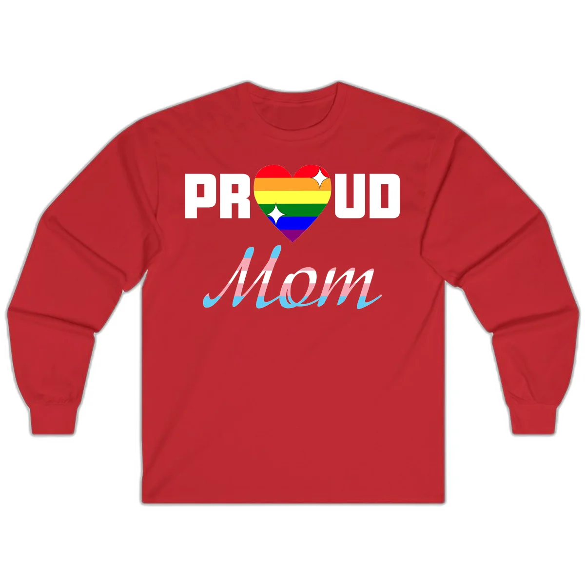 Proud all in pride design with rainbow heart and trans flag striped script text on gray background in Red