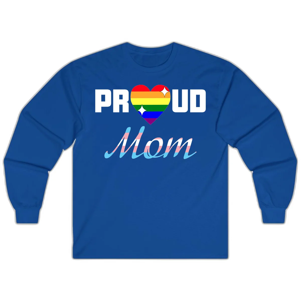 Proud all in pride design with rainbow heart and trans flag striped script text on gray background in Royal