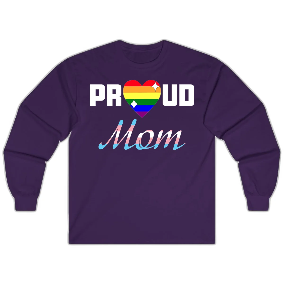 Proud all in pride design with rainbow heart and trans flag striped script text on gray background in Purple