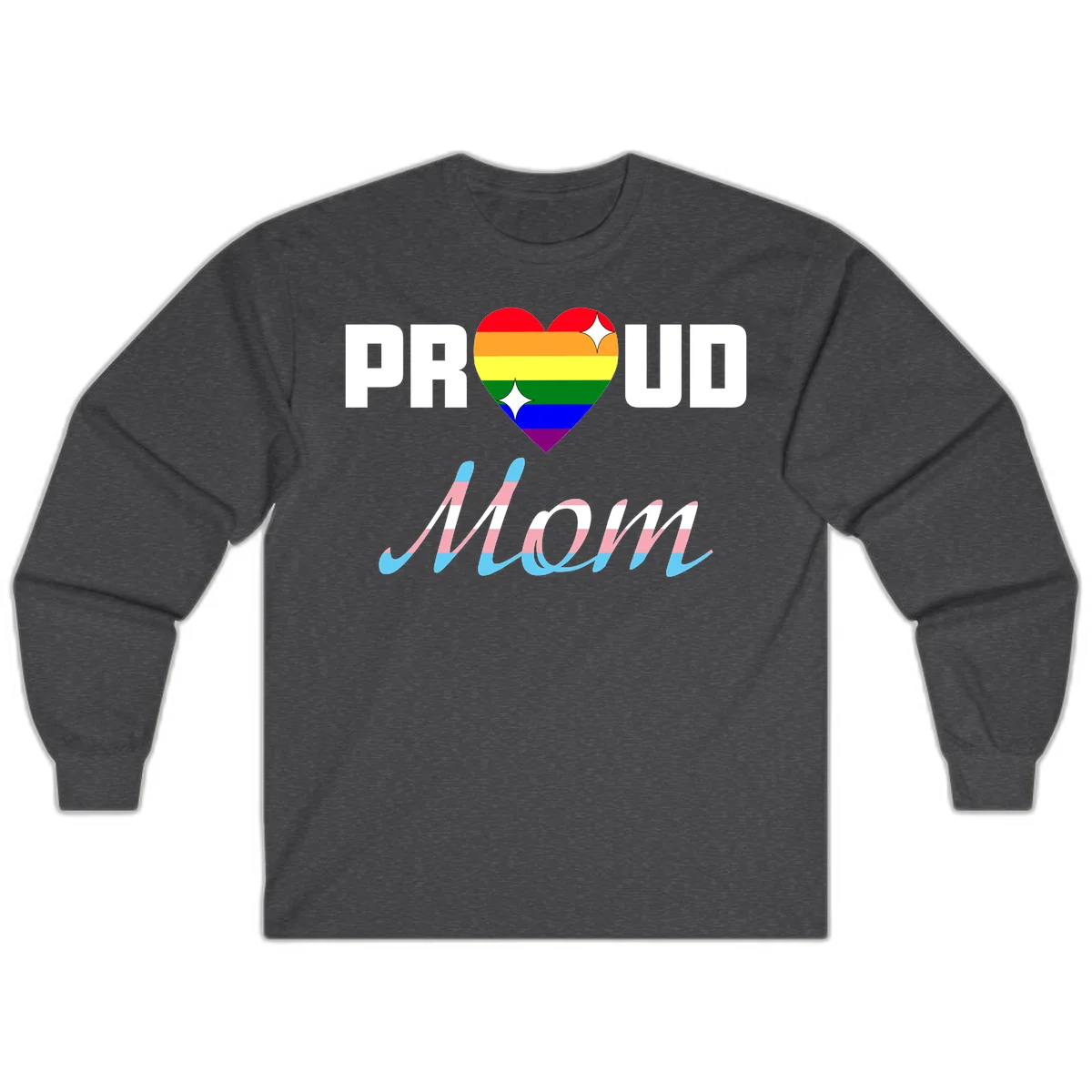 Proud all in pride design with rainbow heart and trans flag striped script text on gray background in Dark Heather